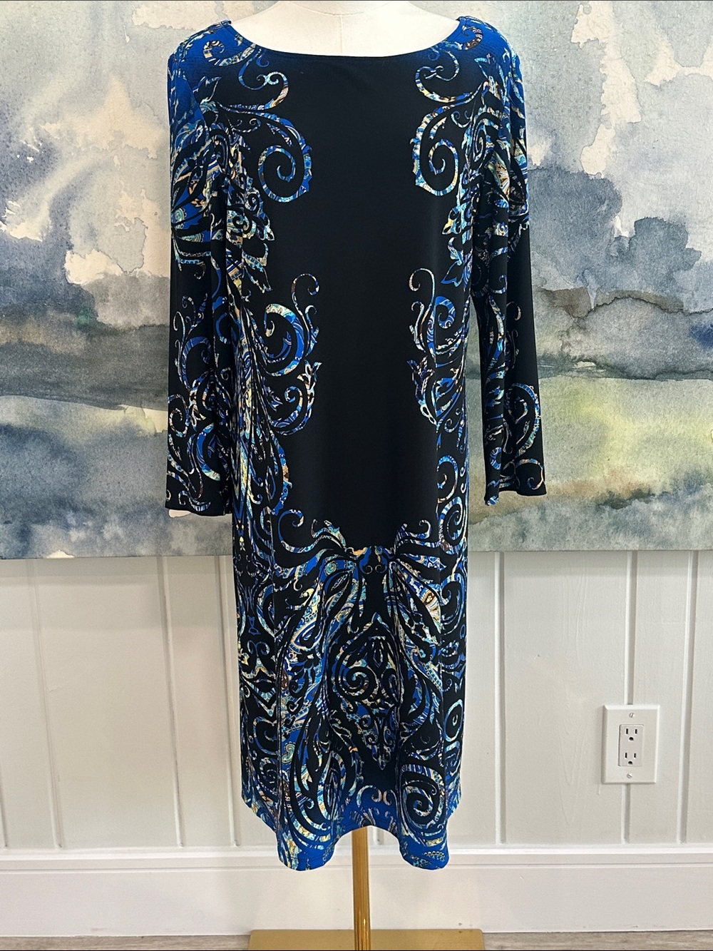 London Times 8 Women's Black Dress with Blue Swirl Print